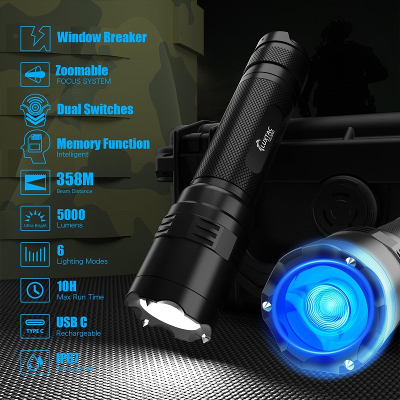 Zoomable Tactical Flashlight High Lumens-5000LM, 6 Modes,Dual Switches,Window Glass Breaker,10