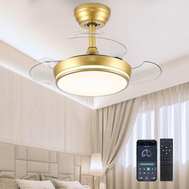 STERREN 30" Retractable Ceiling Fans with Lights, Dimmable LED Ceiling Fan Remote Control, Modern Small Fan Light for Bedroom Living Room Dinning Room Kitchen, 3000K-6500K, 6 Speed (Golden)