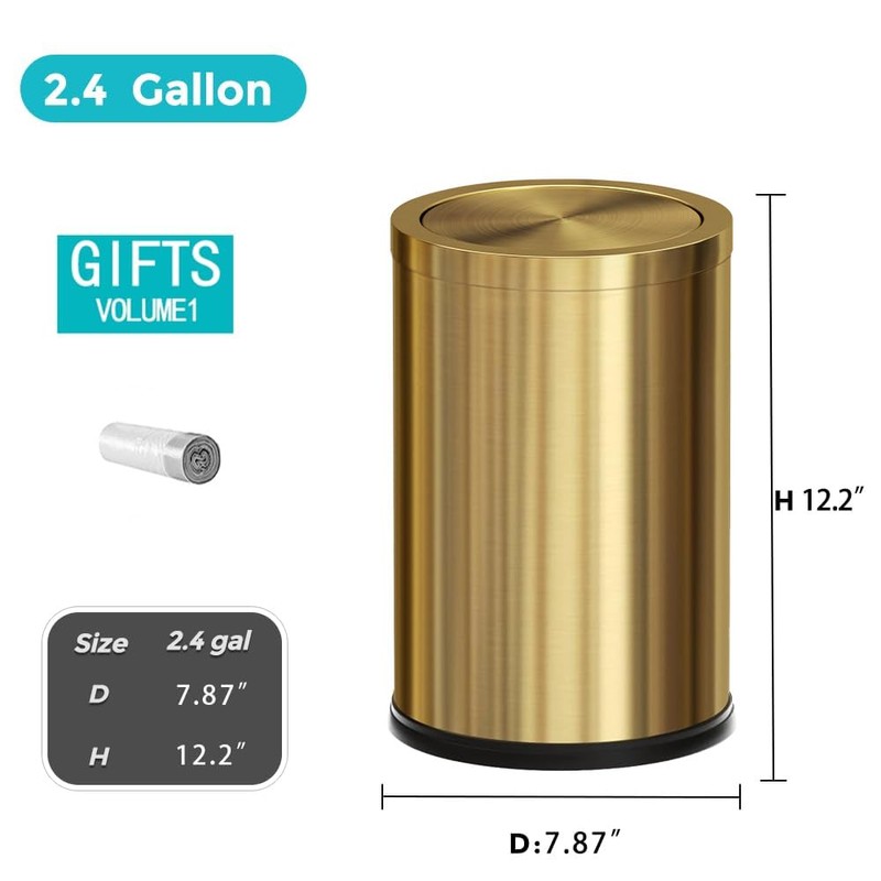 2.4 Gallon Brass Gold Bathroom Trash Can, Fancy Waste Basket