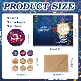 HOWAF 9pcs Happy New Year Cards with Envelopes Stickers, Kraft Colorful Assorted New Years Greeting Card Set for 2025 NYE Party Employee Friends Families, New Year Thank You Cards