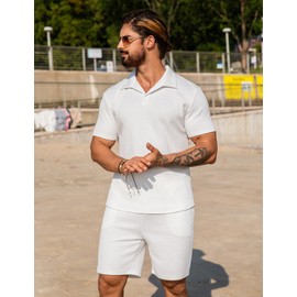 URRU Men's 2 Pieces Short Sets Casual Beach Outfits Short Sleeve Texture shirts Summer Outfits Short Set, White, Medium