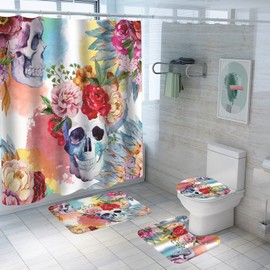 Floral Sugar Skull Shower Curtain Sets with Non-Slip Rugs,Toilet Lid Cover and Bath Mat,Colorful Skulls Flower Shower Curtains with 12 Hooks,Waterproof Bath Curtain Decor,Skull & Flower(4pcs)
