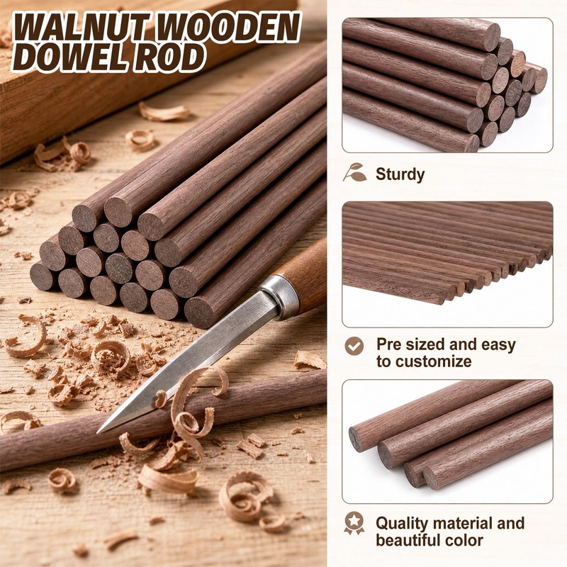24 Pcs Wooden Dowels for Crafts, 10 mm Walnut Wooden