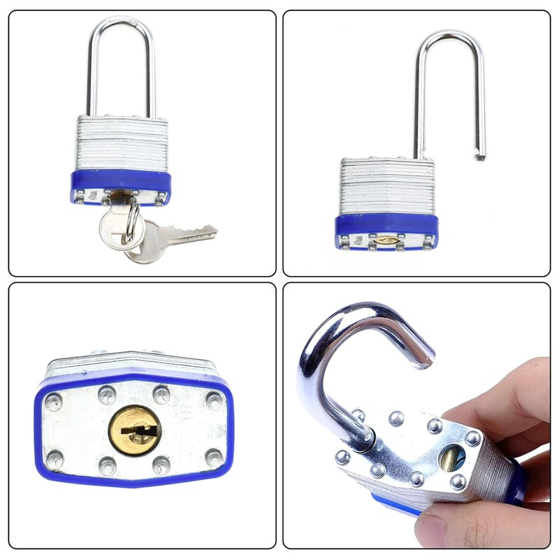 Padlock with Keys, 40mm Steel, Long Shackle, Blue, 2-Pack, Weatherproof