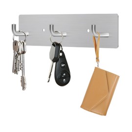 RELBRO Key Holder Wall Mount, Small Metal Self Adhesive Key Rack with 3 Hooks, 2 Installation Options, Silver