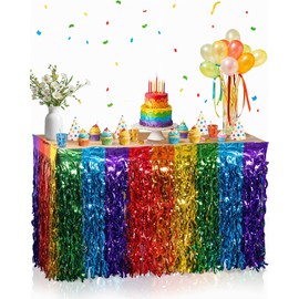 LENSARKU 2 Pack Rainbow Table Skirt Wavy Rainbow Metallic Tinsel Foil Fringe Curtain Tablecloth Streamer Backdrop Party Decorations for Birthday Wedding Bridal Shower Rainbow Party Supplies