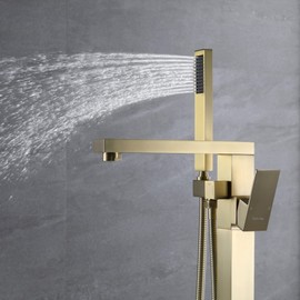 TapLong Brass Freestanding Bathtub Faucet Single Handle Brushed Gold Bath Tub Filler Faucet with Hand Shower High Flow Rate Max 6 GPM, Floor Mount, 51001BG