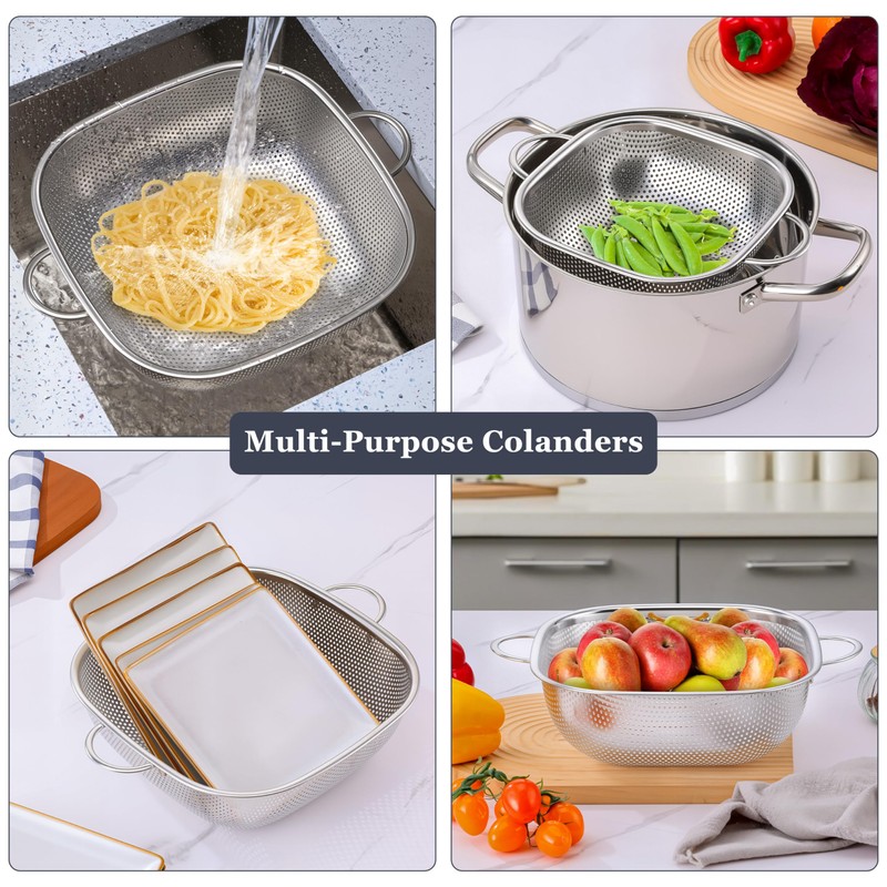 E-far 3 Pack Colander for Kitchen, Square Stainless Steel Metal