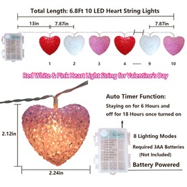 Valentine Heart String Lights 6.8Ft 10 LED Shatterproof Red White Pink Heart Shaped Light with Timer, Battery Operated Valentines Day Lights for Indoor Outdoor Bedroom Party Christmas Valentines Decor