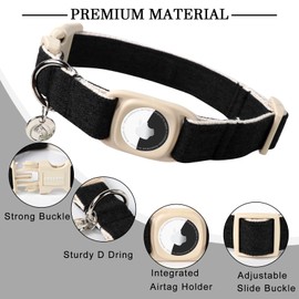 DOGWONG Airtag Cotton Hemp Dog Collar, Heavy-Duty Dog Collar with Airtag Holder Black Natural Fabric Pet Cute Puppy Necklace for Small Medium Large Dogs