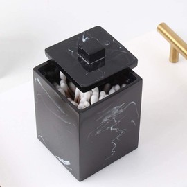 FülleMore Marble Look Cotton Buds Container Cotton Bud Holder with Lid Resin Cotton Buds Box Dustproof Makeup Organiser Storage Box Ear Stick Holder (Black)