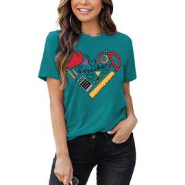 Teacher T Shirt for Women Funny Teaching Heart Graphic Tee Tops Teacher Day Gift Shirts(A-Cyan,Medium)