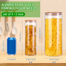 Glass Food Storage Jars, Food Containers with Airtight Bamboo Lids for Pasta, Cookies, Nuts, Coffee Beans, Cereal, Glass Canisters for Kitchen, Pantry Organization,Set of 4