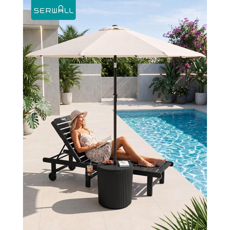 Outdoor Round Umbrella Side Table,3-in-1 Multi-Functional Use,Black