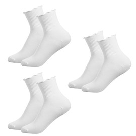BOHUIZ 3 Pairs White Lace Ruffle Socks For Women, Women's Casual Cute Frilly Socks Breathable Knit Cotton Soft Crew Socks For Women And Girls