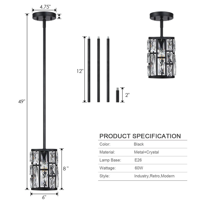 MEXO Black Crystal Pendant Light Fixture Modern Hanging Lighting Mini