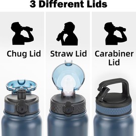 Oldley Insulated Water Bottle 20oz Water Bottles with Straw, Stainless Steel Water Bottle with 3 Lids, Double Wall Vacuum Bottels for Adults Kids,Leak-Proof Sport Bottles for School Travel, Navy Blue