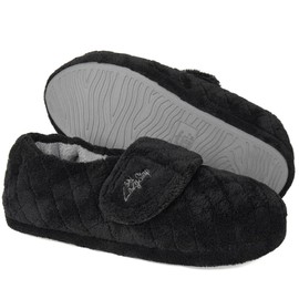 LazyStep Women's Nana Adjustable Slippers with Wide Width, Soft Curly Memory Foam Loafer Closed Back Slippers for Ladies Indoor (Black, Size 7-8)