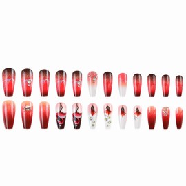 MERVF Coffin Press on Nails Long Fake Nails Red Ombre French Tip Glue ons Tropical Flamingo Design Ballerina Rhinestones Acrylic Nail Supplies DIY Summer Manicure Glossy 24pcs
