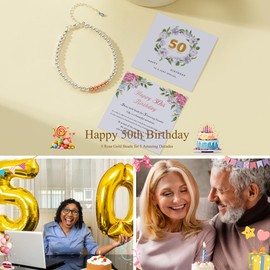 BMMYE 50th Birthday Gifts for Women, 925 Sterling Silver Bracelet for Women with Cards Adjustable 4mm Silver Bead Bracelets Birthday Gifts for women Jewellery for Mum Grandma