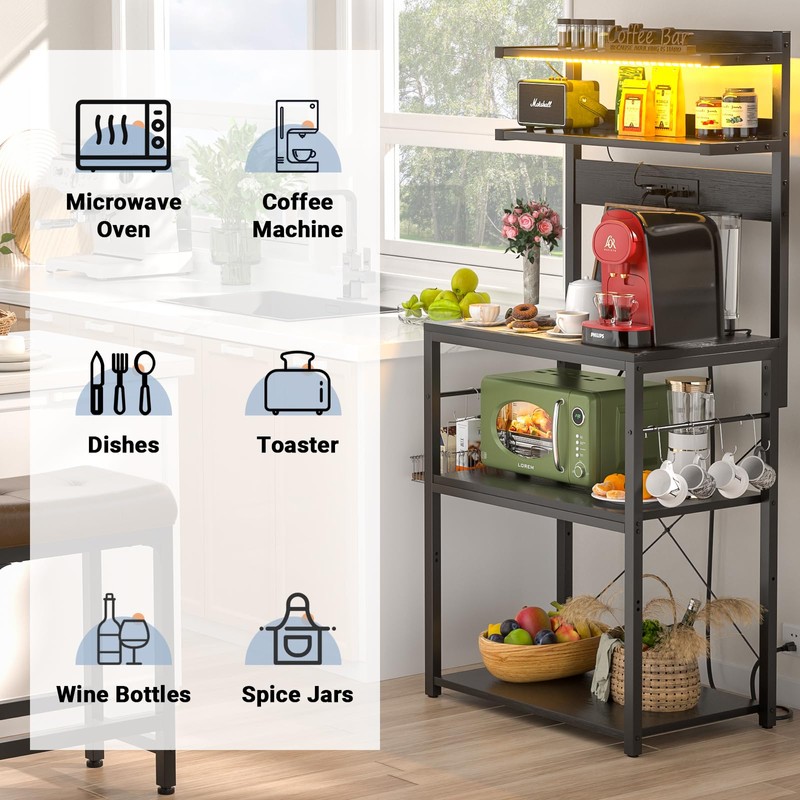Aheaplus Bakers Rack with Power Outlet, Microwave Stand, 5 Tiers