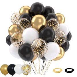 Patimate Black Gold Confetti Balloons Set, 50 pcs 12 inch Metallic Gold Black White Confetti Latex Balloons Kit for Birthday Wedding Graduation New Years Anniversary Party Decorations