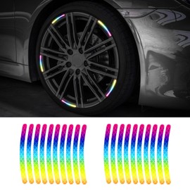 Rebvugr 20PCS Reflective Car Wheel Decorative Stripe Stickers, Night Safety Warning Tape Sticker, Anti-Scratch Tire Rims Sticker, Car Accessories Fluorescent Decals for Vehicles (Rainbow)