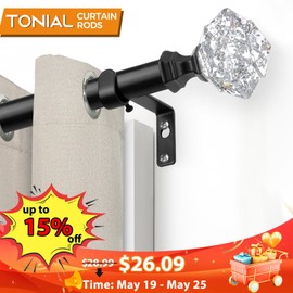 TONIAL Curtain Rods 32 to 115 Inch(2.6 to 9.6 ft), Telescoping Splicing 3/4 Single Rods for Windows 20 to 53 Inch(5.5 to 10 ft) Decorative Drapery Rod with Translucent Diamond Finial, Black