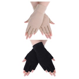 Women Sunscreen Gloves UV Protection Sunblock Gloves for Driving Riding Fishing Golfing Outdoor Activities (Black, Khaki Dot)
