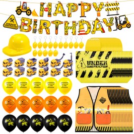 Jspupifip 88 Pcs Construction Birthday Party Supplies Set Including Kids Construction Vest, Plastic Hats, Tote Bags, Keychain, Balloons and Truck Birthday Backdrop