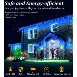 BPAZVUH 66ft Outdoor LED String Lights, 8 Modes with Timer Memory, 611 LEDs on 141 Drops, Waterproof for Holidays, Weddings, Parties (Blue)