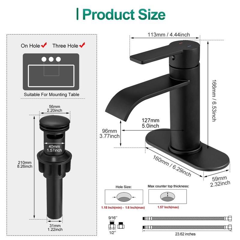 VOTON Matte Black Waterfall Bathroom Faucet, Single Handle 1 or