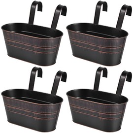 OBTANIM 4 Pack Metal Hanging Flower Pots Iron Railing Planter Outdoor Fence Hanging Pots Bucket Plant Holder with Detachable Hooks Drain Holes for Home Garden Yard Decor (Black)