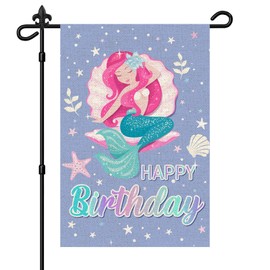 Mermaid Happy Birthday Garden Flag Girls, Multicolour Vertical Premium Burlap Rustic Welcome Birthday Celebration Banner Yard Flag for Farmhouse Outside Outdoor Sign Double Sided, 12" x 18"