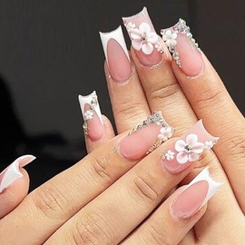 24 uñas postizas francesas con punta a presión, cuadradas medianas, con diseño de margaritas 3D, elegantes y naturales, color nude, para mujer, con pe