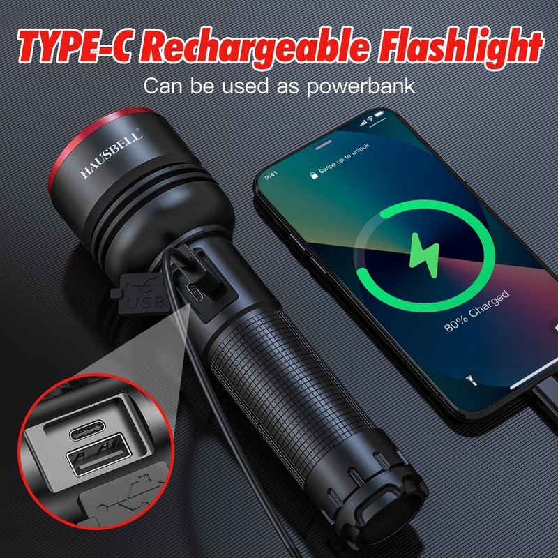 Rechargeable Flashlight 20000 High Lumens, Zoomable LED Flashlights with Power