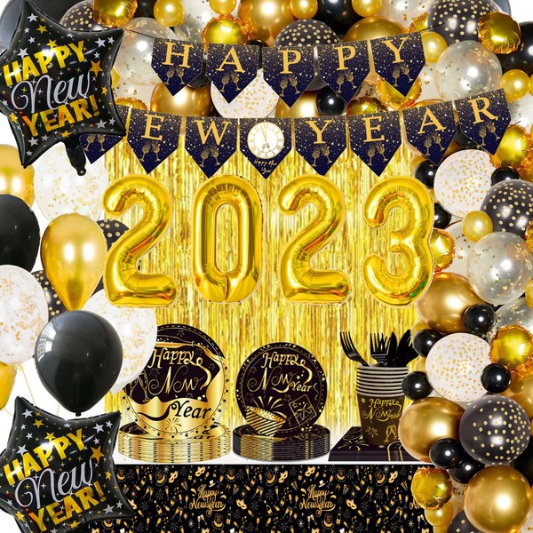 New Years Eve Party Supplies 2023, New Year Decorations 2023 with Black Gold Happy New Year Balloons,Happy New Year Banner,Plates and Napkins,Tablecloth,2023 Foilballoon for New Year Eve Party Decor