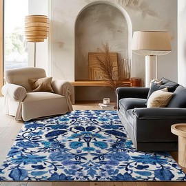 EVERGRACE Area Rugs for Living Room 6x9, Boho Floral Faux Wool Indoor Outdoor Rugs, Washable Rugs for Bedroom Dining Room Entryway Kitchen, Low Pile Floor Mat Carpet for Home Decor, Celtic Blue