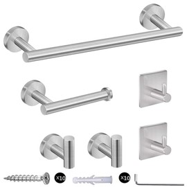 szhdxsy 6 Pack Bathroom Hardware Set, SUS 304 Stainless Steel Towel Holder Wall Mounted -Include16inch Towel Rack,Toilet Paper Holder, Wall Towel Hooks and Adhesive Bathrobe Hooks.（Brushed Nickel）