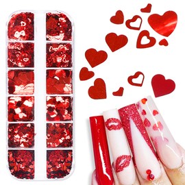 Red Heart Nail Art Glitter Valentine's Day 3D Holographic Love Heart Nail Sequins Red Glitters Heart Flakes Acrylic Nail Supplies Valentine's Day Design Decoration DIY Accessories Women 12 Grids