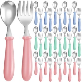 Dandat 48 Pcs Toddler Utensils Kids Silverware Set Stainless Steel Baby Forks and Spoons Toddler Safe Flatware Metal Kids Cutlery with Round Thick Grip Handles for Self Feeding, Dishwasher Safe