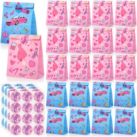 Kosiz 48 Pcs Pink Girl Party Favor Bags Bulk Paper Goodie Bags with Sealing Stickers Pink and Blue Party Gift Supplies for Candy Treat Snacks Princess Birthday Decorations, 8.3 x 6 Inches