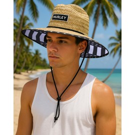 Hurley Men's Straw Hat - Wide-Brimmed Bayside Patterned Straw Beach Hats for Men, Grey/Black