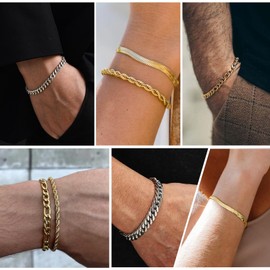 Fehki Mens Bracelets 6 Pcs Bracelets for Men Stainless Steel Bracelet Cuban Link Chain Bracelet Mens Jewellery Gift for Men Him Dad Boyfriends Husband (8.3in (21cm), Silver)