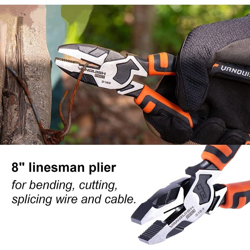 Vanquish 8 Inch Linemans Pliers High-Leverage Linesman Pliers with Side