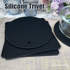 4 Pieces Silicone Trivet Mats, Hot Pot Holders, Kitchen Tools, Heat Resistant Non Slip Durable Pads for Hot Dishes Bowls, Jar Opener, Easy to Wash and Dry Hot Pan Cushions (Black)