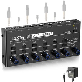 LZSIG Mini Audio Mixer,Stereo Line Mixer for Sub-Mixing,Ultra Low-Noise,6-Channel,Microphone Independent Control, 1/4" & 1/8" TRS Output and Input, for Guitars,Bass,Keyboards (Medium)