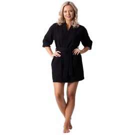 Women's Knee Length Waffle Weave Kimono Bathrobe Black OS