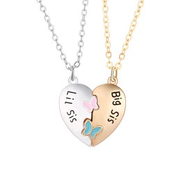 AMOR SPES 2PCS Sister Heart Necklaces for Women Girl Big Lil Sis Pendant Necklace Set for Big Sister Little Sister