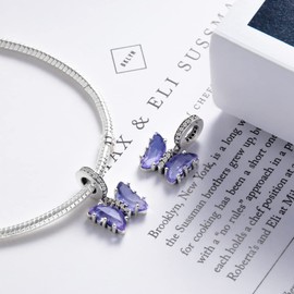 Butterfly Charms for Bracelets, 925 Sterling Silver Purple Butterfly Dangle Charms for Charm Bracelets and Necklaces with 5A CZ, Birthday Mothers Valentines Day Jewelry Gifts for Women